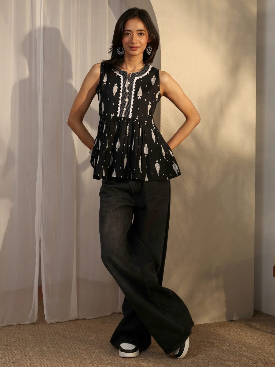 Libas Black Block Printed Cotton A-Line Short Kurti